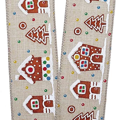 Image of Gingerbread Houses Wired Christmas Ribbon - 2 1 /2 inch x 10 Yards, Brown, White, Glitter, Wreath Decor, Christmas Tree Ribbon, Bows, Garlands