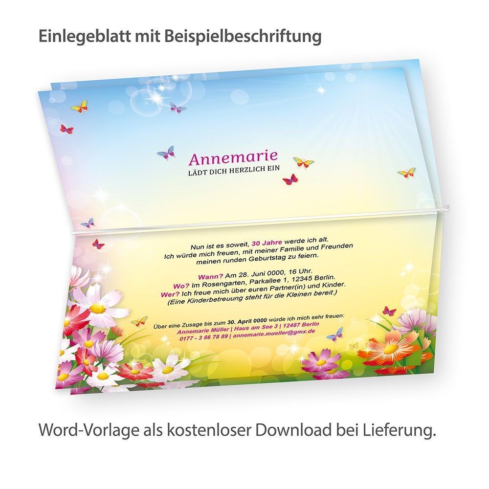 tatmotive FLORENTINA Einladungskarten Geburtstag (20 Sets) selbst bedruckbar, mit Umschlag, für Frauen