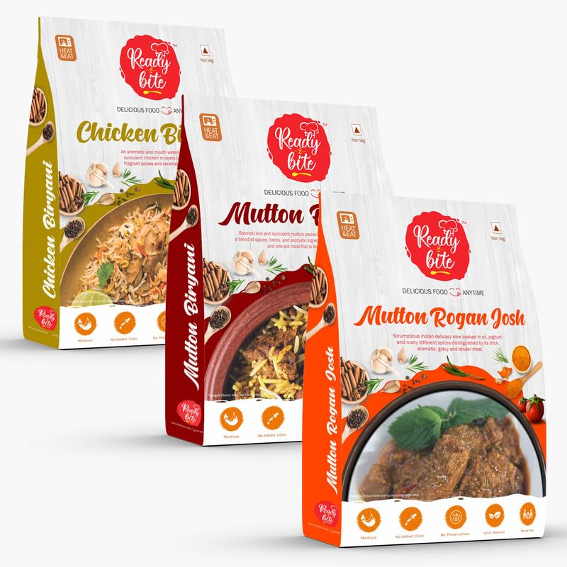 Ready to Bite Chicken Biryani, Mutton Biryani, Mutton Rogan Jos (Combo Pack-3 ) Delicious Natural Veg- Instant Food Ready to Eat in Few Minutes | Microwaveable | Quick Meals | No Preservative