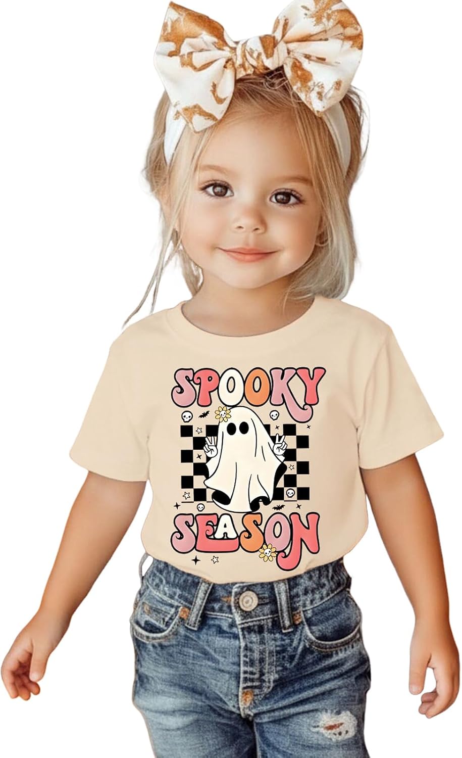 Toddler Girls Halloween T-Shirt Kid Spooky Season Shirts Checkerboard Ghost Graphic Tees Outfits Short Sleeve Tops
