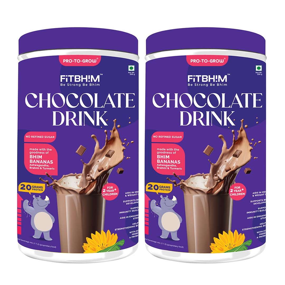 Pro To Grow Fitbhim Chocolate Nutrition Drink 200g | Infused with Bhim Banana & Ayurvedic Herbs | Belgian Chocolate Flavor for kids (2+ years) | Brain & Growth Booster with Immunity Support(Pack of 2)