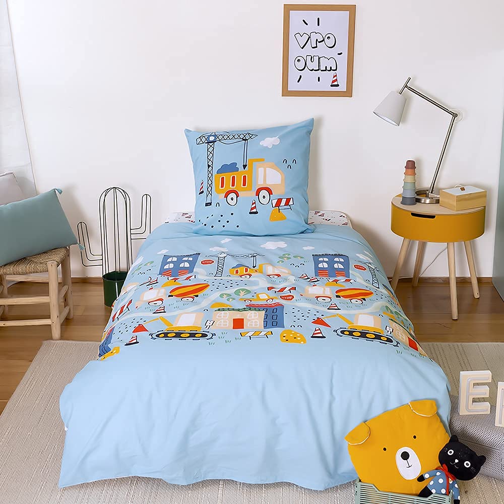 CÔTE DECO Parure da letto per bambini, reversibile, camion e trattore, blu, copripiumino 140 x 200 cm + 1 federa 63 x 63 cm, 100% cotone