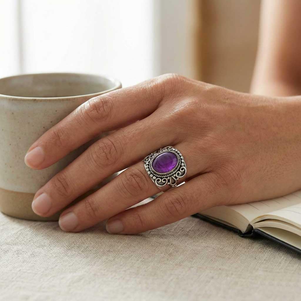 Amethyst, Labradorite, Rose Quartz, Tiger Eye Oval Handmade Ring 925 Sterling Silver Plated Boho Natural Gemstone Jewelry For Women