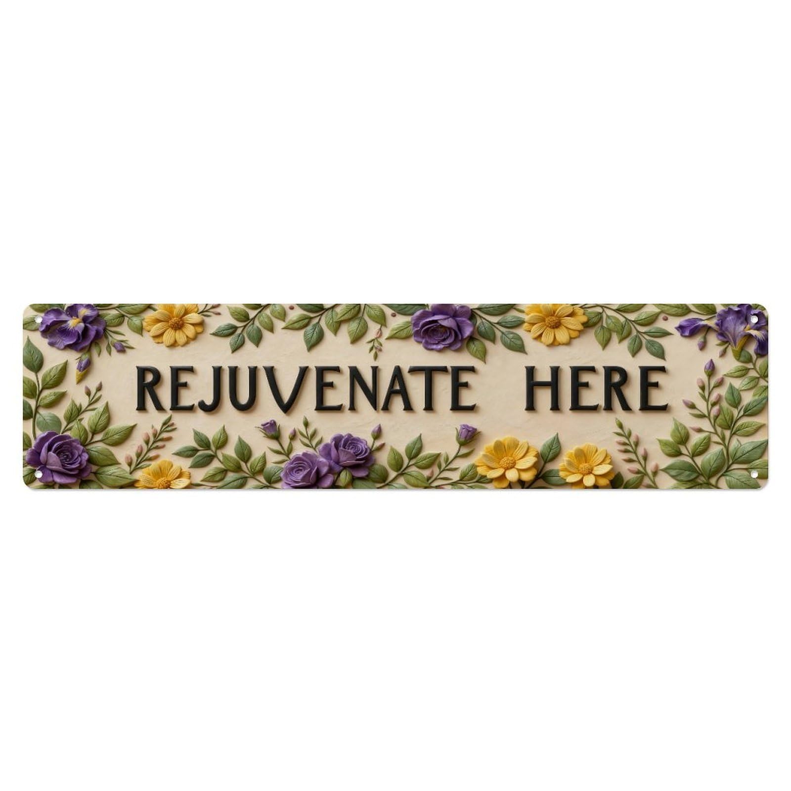 Floral Border With Rejuvenate Here Text Metal Tin Sign Plaque