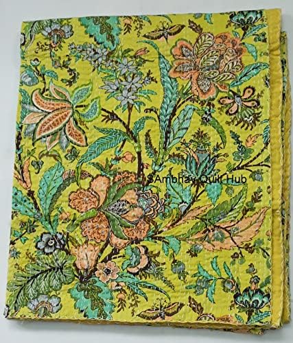 Bohemian Floral Handblock Multi Suzani Print Handmade Cotton Block Kantha Quilting Throw Blanket Hippie Queen/King Size Bohemian Block Print Hippie Kantha Quilt (White)