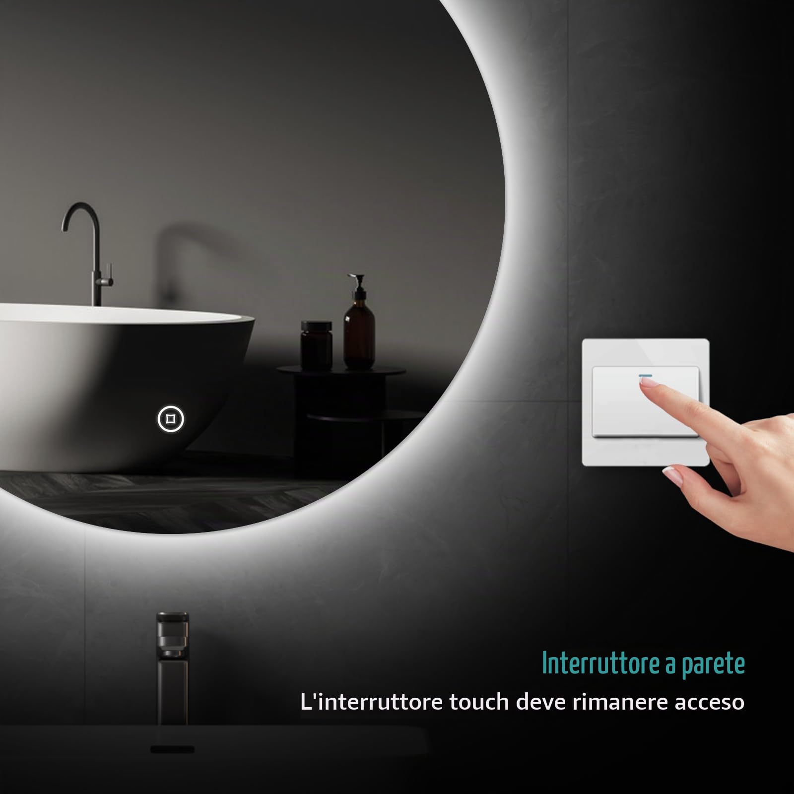 EMKE Specchio da bagno con illuminazione, rotondo, diametro 50 cm, con luce bianca fredda, dimmerabile, funzione di memoria, interruttore touch, IP44, retroilluminato a risparmio energetico