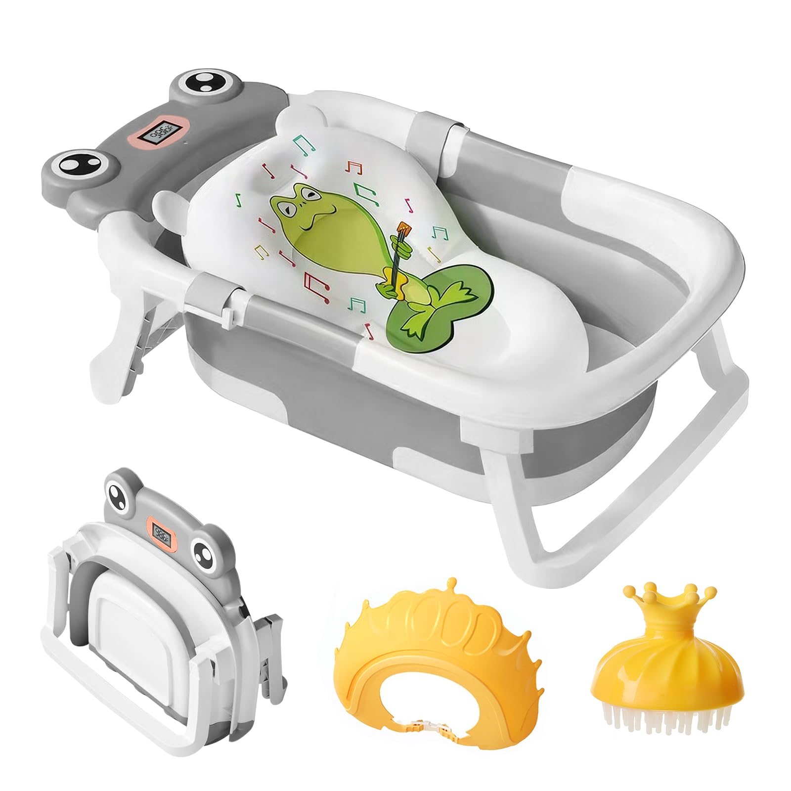 LiveGo Baby Bath Tub, Foldable Baby Bath for Infants to Toddler, Newborn Baby Bathtub with Thermometer & Floating Cushion, Baby Bath for 0-24 Months Newborns Infants and Toddler (Grey Frog)