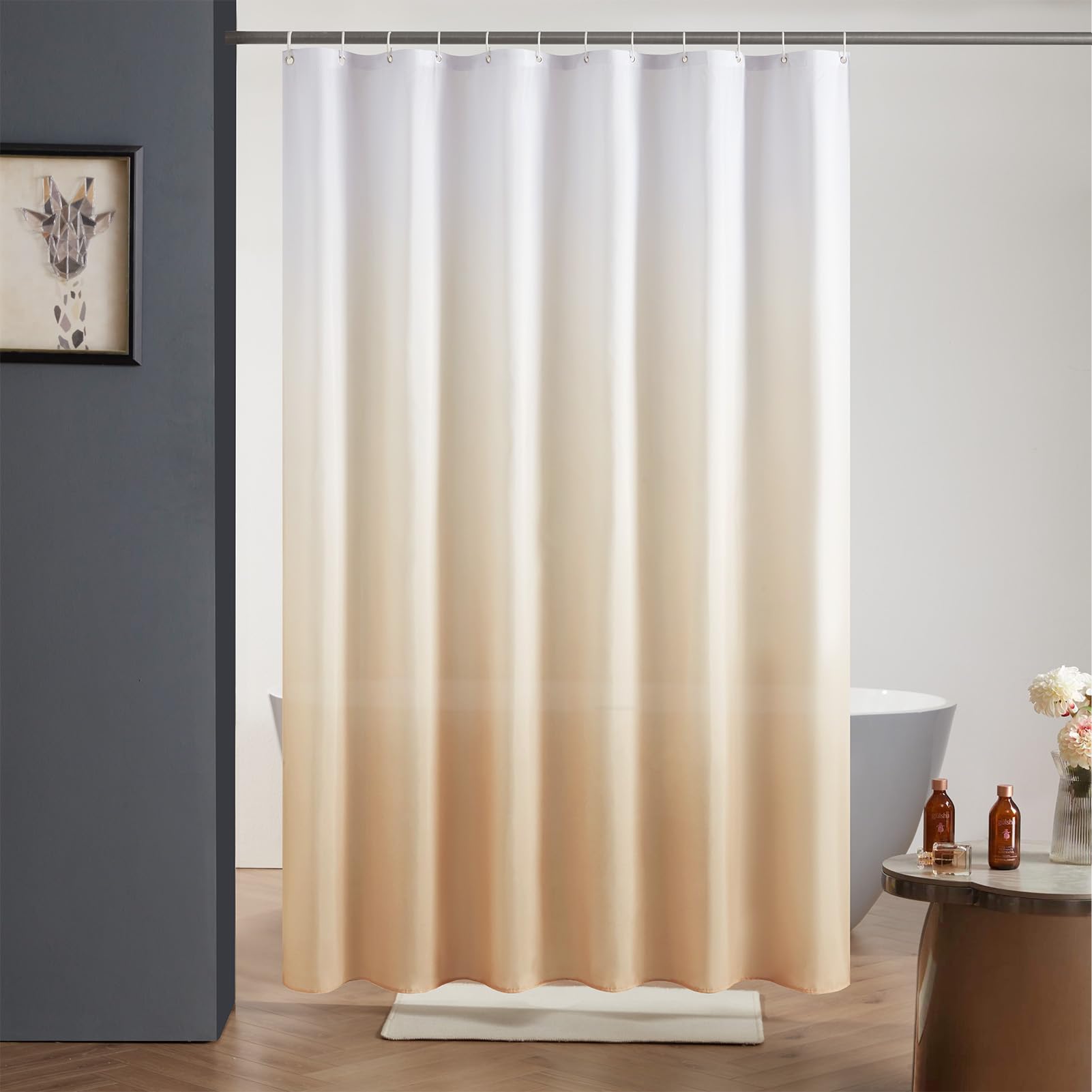 Furlinic Cortina de ducha de 180 x 200 cm, cortinas textiles de tela, resistentes al agua, antimoho, lavable, para baño en bañera, color blanco a marrón crema con 12 anillos de ducha.