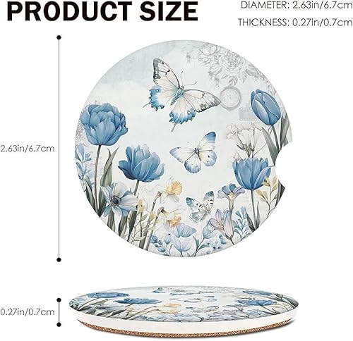 Miniatura 3 de Juego de 2 posavasos de mariposa para automóvil, portavasos de cerámica absorbente de 2.63 pulgadas, base de corcho antideslizante, con muesca de