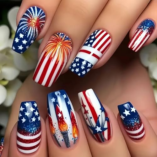 4th of July Press on Nails Medium Coffin Fake Nails with Blue Red White Designs Patriotic Coffin Nails Full Cover Glossy Acrylic Stick on Nails Independence Day Glue on Nails for Women 24Pcs