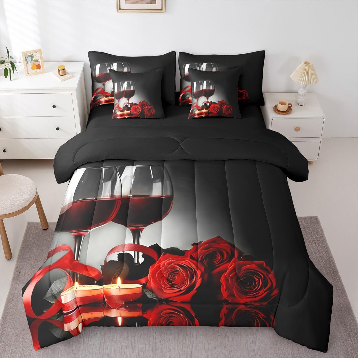 Erosebridal Leopard Print King Size Comforter Set, Red Rose 7-Piece Bed in A Bag, Brown Cheetah Sheets and Pillowcases, Safari Wildlife Animal Bedding Set Room Decor