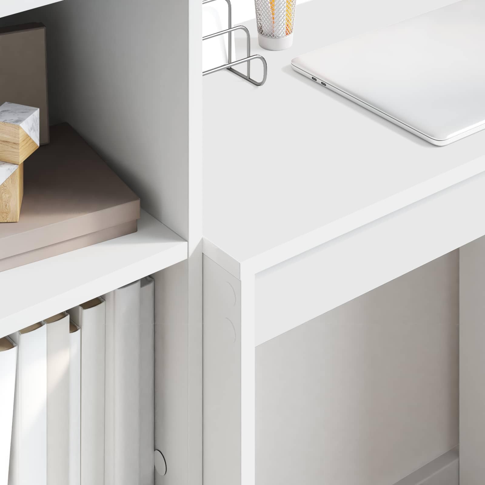 Schreibtisch mit Schubladen und Regal, weiß, 2-teiliges Set, Holzwerkstoff, 115,5 x 40 x 127 cm, Stauraum mit 6 Regalbrettern, ideal für Büro, Homeoffice und Arbeitszimmer