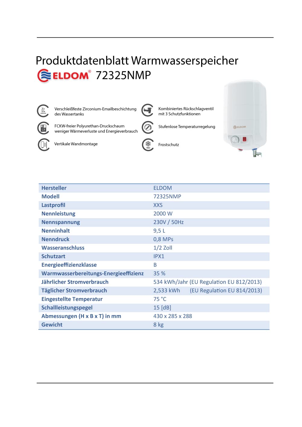 Eldom Warmwasserspeicher/Boiler 10L Übertisch druckfest 72325NMP, Weiß