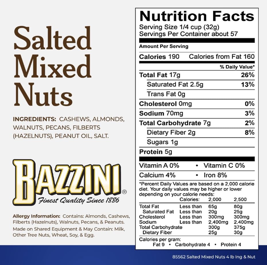 Image of Bazzini Quality Mixed Nuts 4lb Bulk Tin, Includes Cashews, Almonds, Walnuts and Filberts, Premium Roasted Mixed Nuts with Classic Crunch, Lightly Salted, Gluten Free Snack for Parties, Events, and Everyday Snacking
