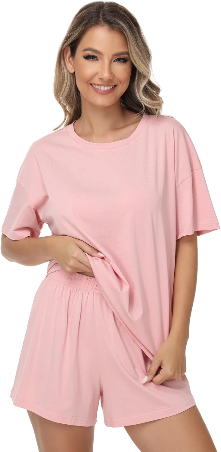 Camelia Women's 2 Piece Cotton Pajama Set - Soft Short Sleeve Top & Shorts Sleepwear Loungewear - Image 2