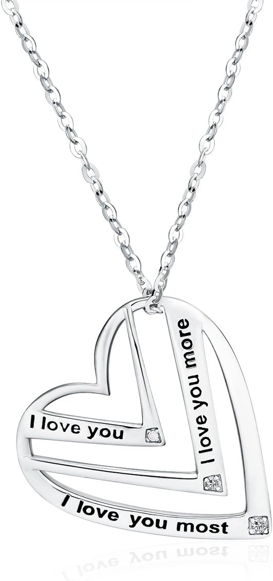 "I love you,I love you more,I love you most" Engraved Pendant - 925 Sterling Silver Heart Necklace for Women