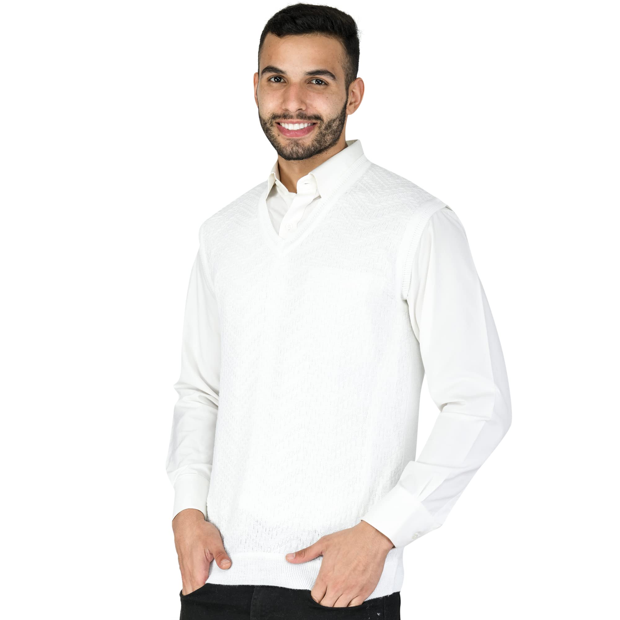 Men Woolen Solid V-Neck Self Design Sleeveless Pullover Heavy Rainbow Fabric Winter Wear Pure Wool Cardigan Regular Cotty Full Warm Heavy Pullover Cardigans Free Sizes