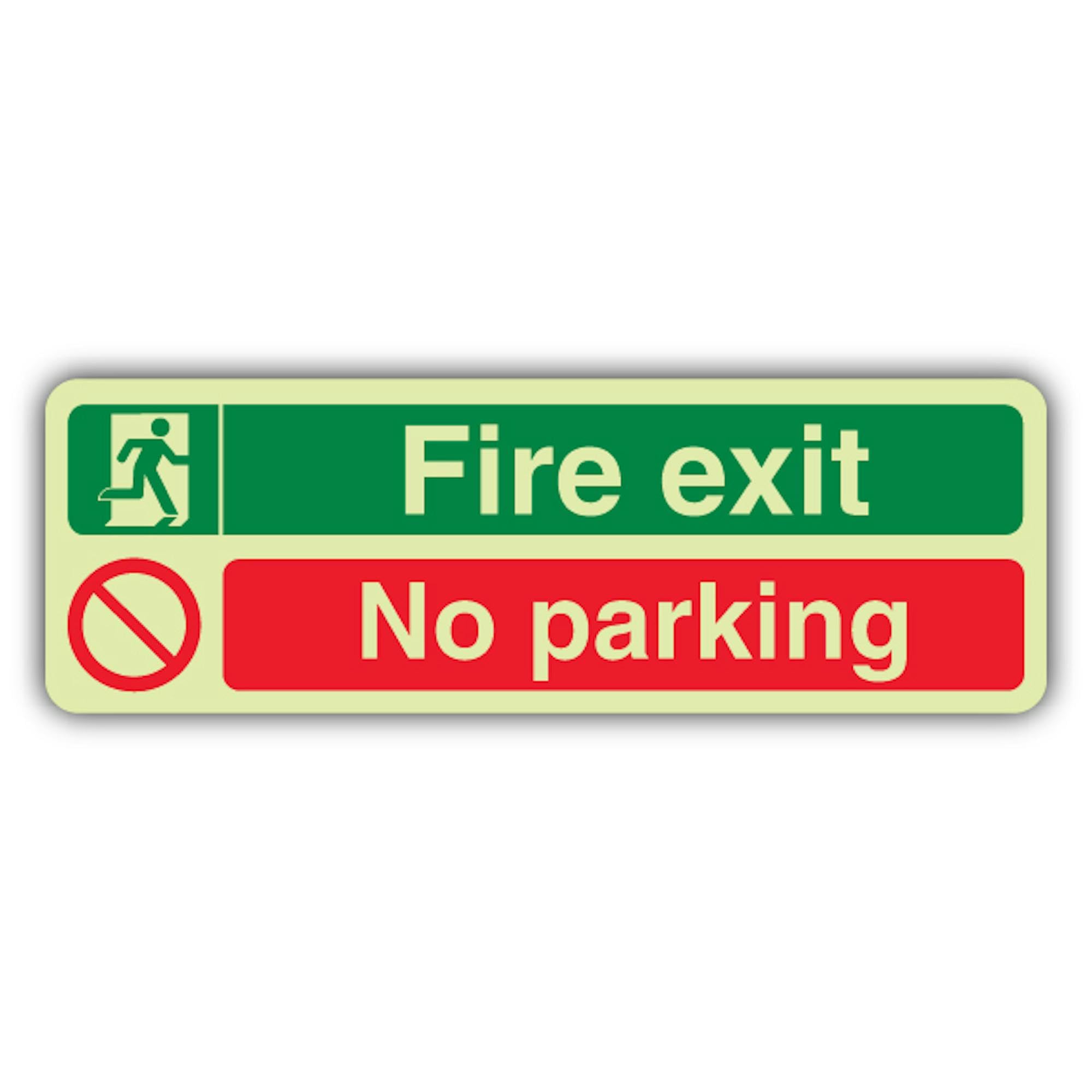 Señal de seguridad V Safety que brilla en la oscuridad con salida de incendios - No Parking - 600 x 200 mm - Hecho de plástico rígido triple brillante - Señalización de seguridad contra incendios