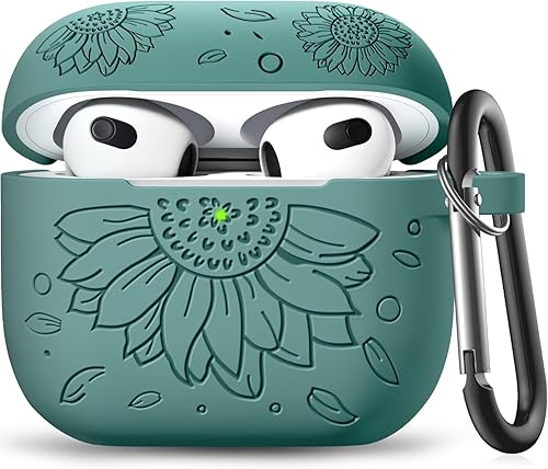 Funda para Airpods de 3 generación y funda para Airpods de 3 generación, cubierta de piel grabada con girasol compatible con funda de Airpod de 3