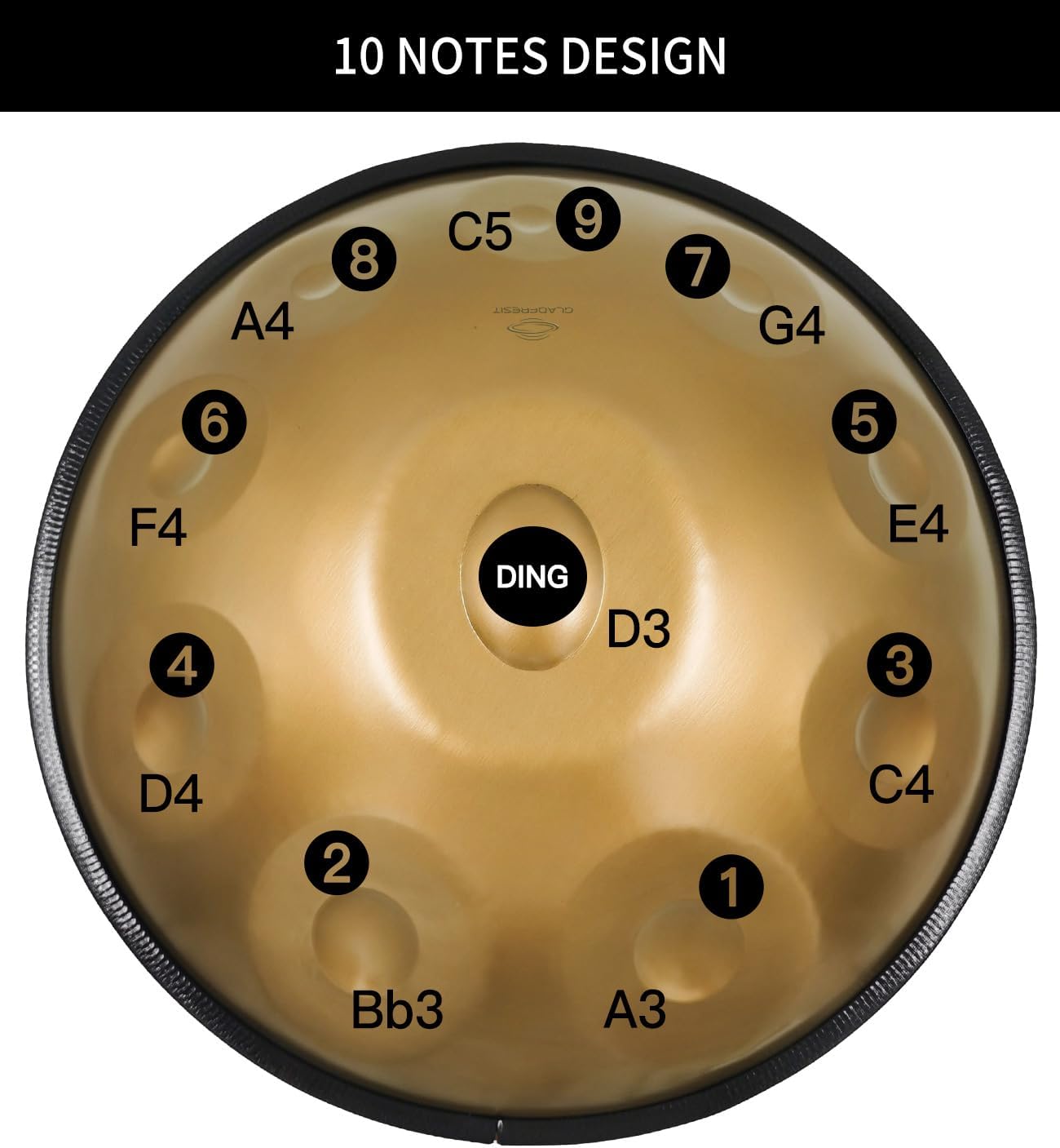GLADFRESIT Handpan 22-inch, 10 notes, comes with a handpan backpack, stand, two mallets, and cleaning cloth. (Gold, 432hz)