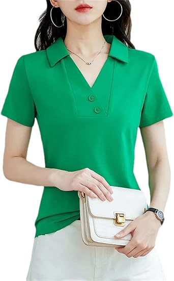 Womens Short Sleeve T-Shirt V-Neck Lapel Cotton Soft Daily Casual Button Solid Color Top