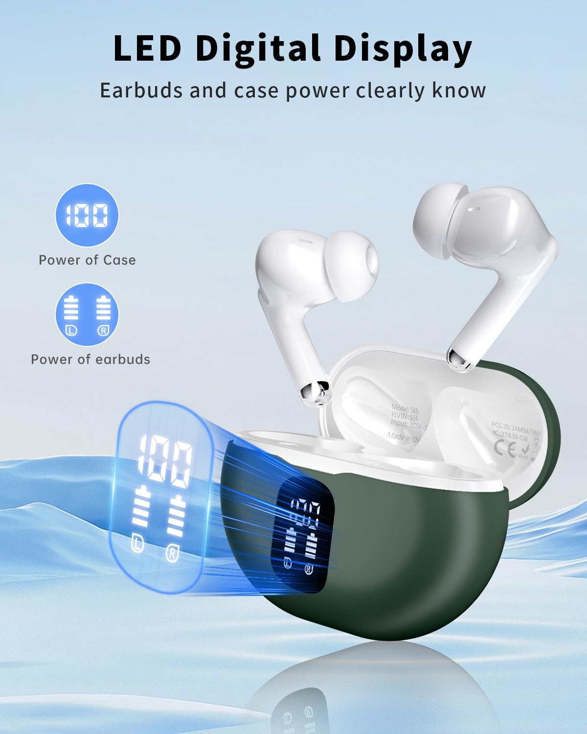 Wireless Earbuds, Bluetooth 5.4 Headphones with 50H Playback, Deep Bass Stereo Ear Buds Clear Calls with LED Power Display, Light Green - 2