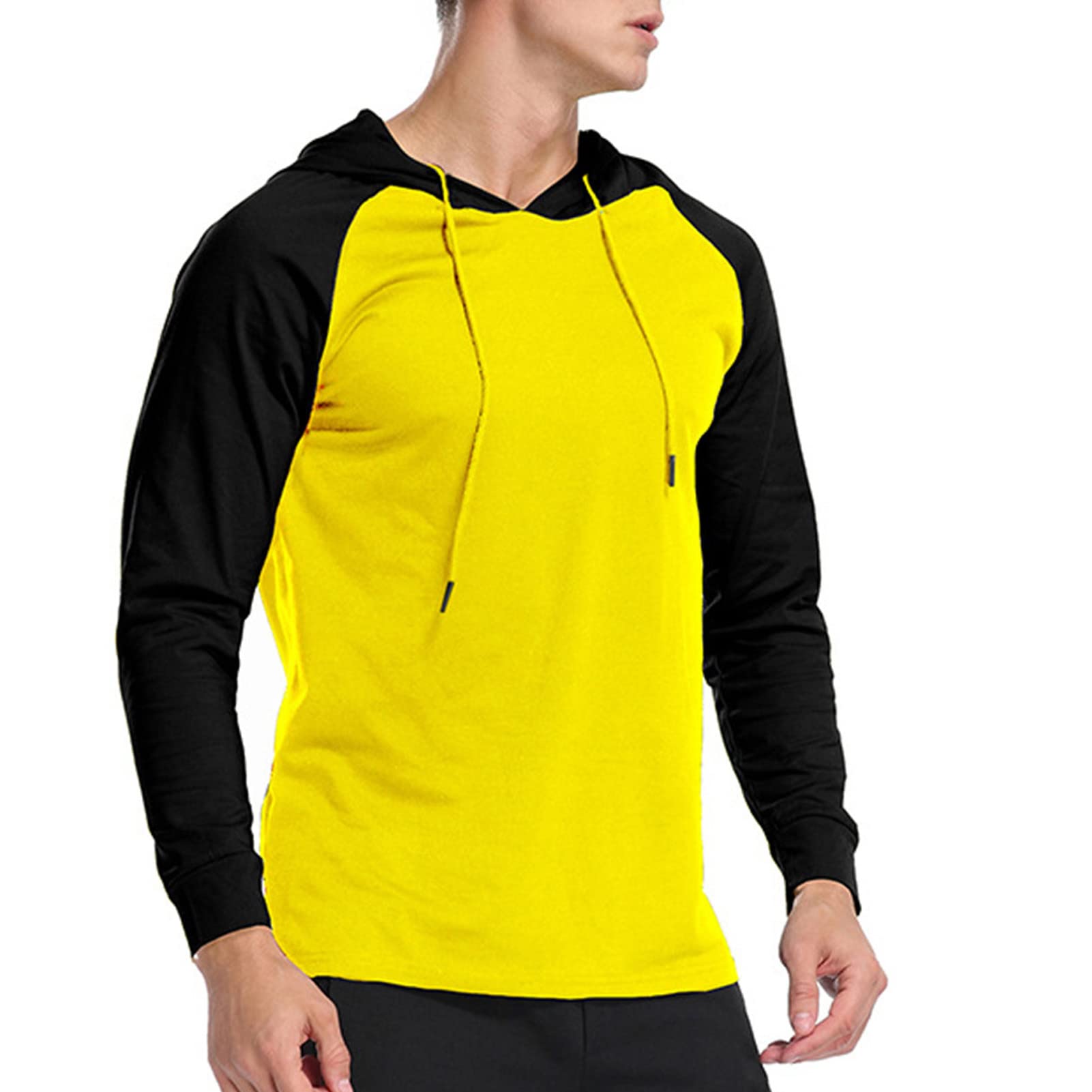 Men's Color Block Athletic Hooded Shirts Long Sleeve Workout Sport Sweatshirt Casual Running T Shirt Pullover Top (X-Large,Yellow)