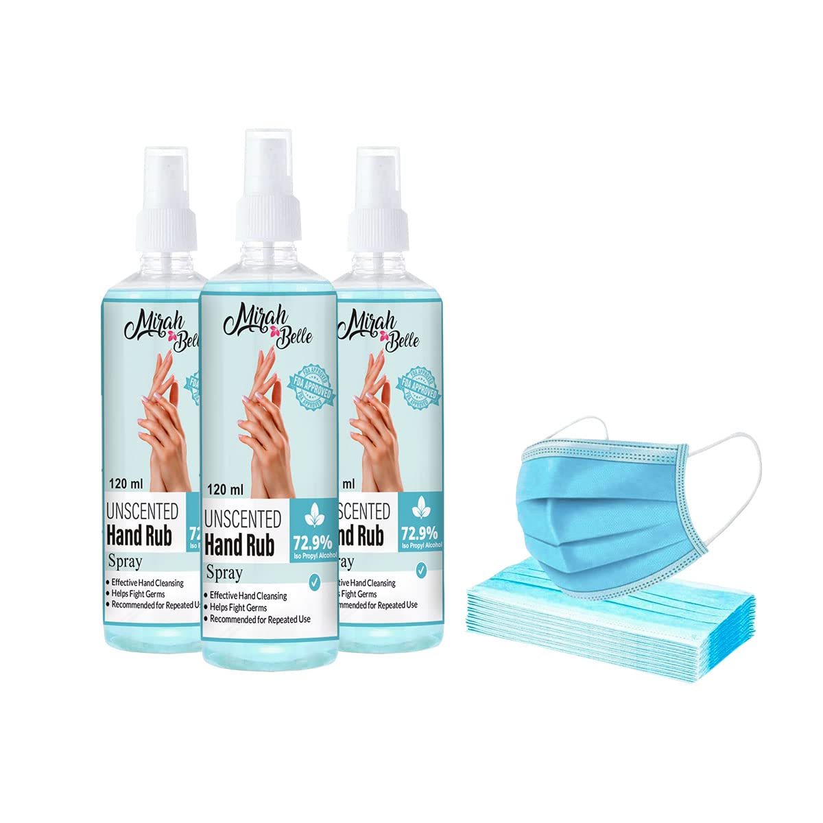 Mirah Belle Unscented Hand Rub Spray 120ml(Pack of 3) + 10 Face Masks Combo Pack Fda Approved Sanitizer 72.9% Iso Propyl Alcohol-image-25
