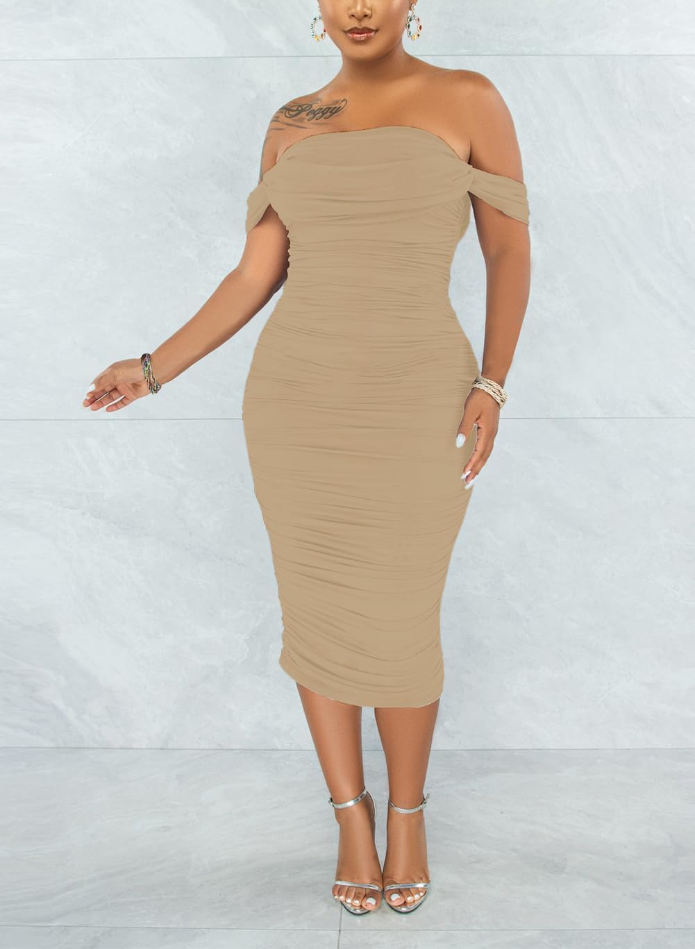 Women's Sexy Off Shoulder Sleeveless Bodycon Ruched Midi Elegant Cocktail Evening Party Night Tube Dresses - Image 3