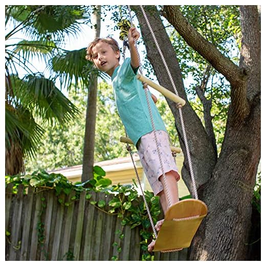 JumpTastic Wood Tree Swing Seat, Hanging Tree Skateboard Swing with Tree Strap and Carabinerfor Kids