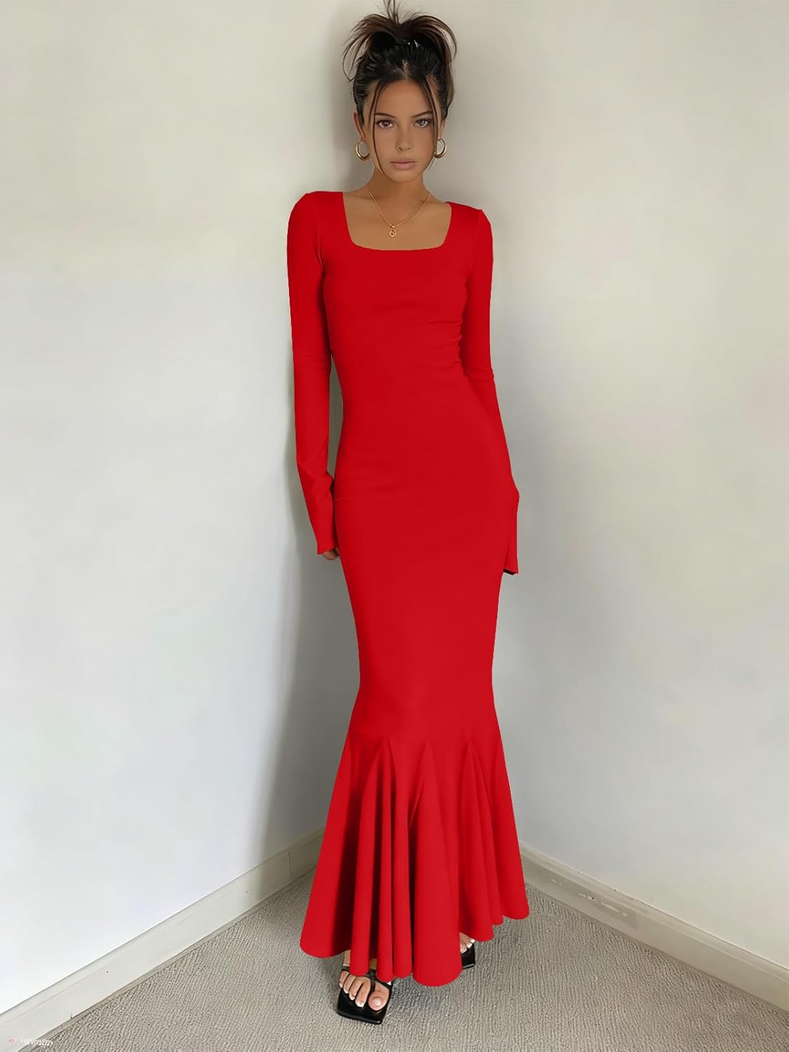 Women's Basic Sexy Long Sleeve Bodycon Maxi Dress Square Neck Casual Ribbed Party Long Dresses - Image 5