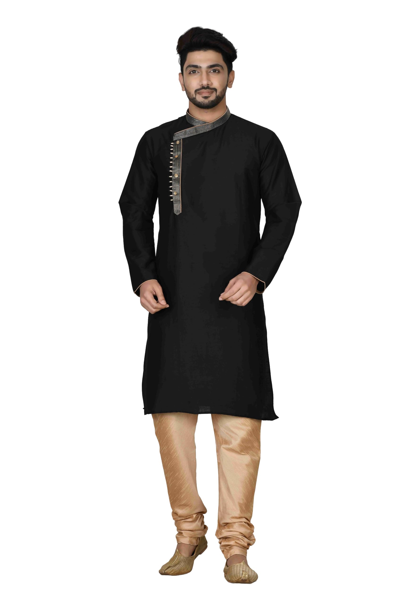 ranak Black Mulbary Cotton Silk Kurta Pajama for Men | Resham Embroidery | Royal Ethnic Set for Functions (VLSMKP422_BLK Size - 42)-picture-5
