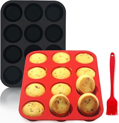 Juego de moldes de silicona para muffins, 2 piezas de 2.8 pulgadas, 12 tazas, molde para mordedura de huevo, antiadherente, fácil liberación, para