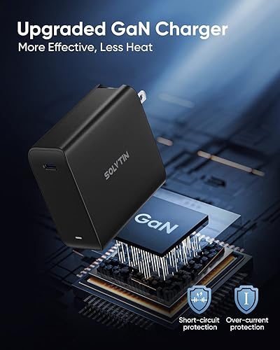 Miniatura 3 de Cargador USB C, SOLVTIN PD100W GaN Bloque de cargador de pared súper rápido con cable tipo C de 100 W, enchufe de pared USB de un solo puerto para