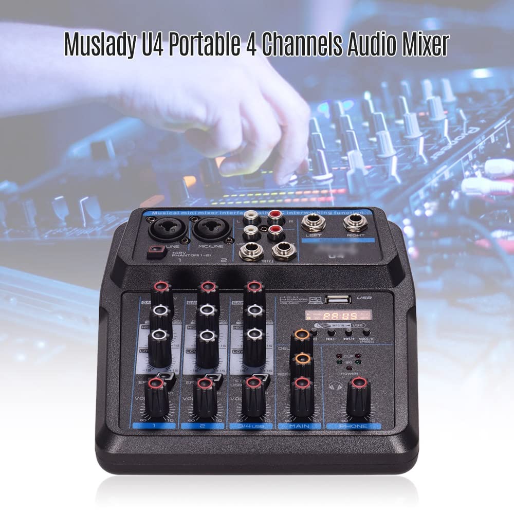 U4 - Mezclador de audio portátil de 4 canales BT USB con tarjeta de sonido integrada Phantom de 48 V