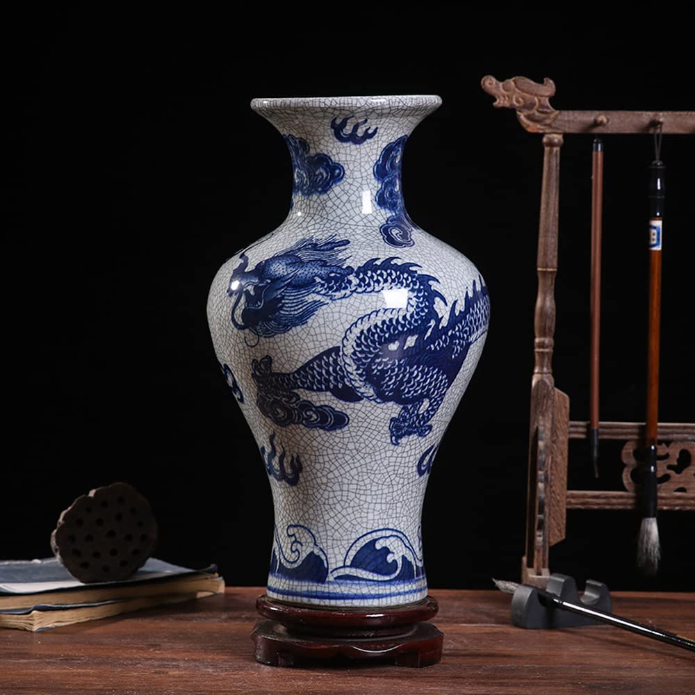 asdchZen Jingdezhen Blue And White Cracked Glaze Ceramics Porcelain Flower Vase,Handmade Dragon Pattern Ceramic Vase,Decorative Vase Chinoiserie Ancient Dragon Collection Artworks,F
