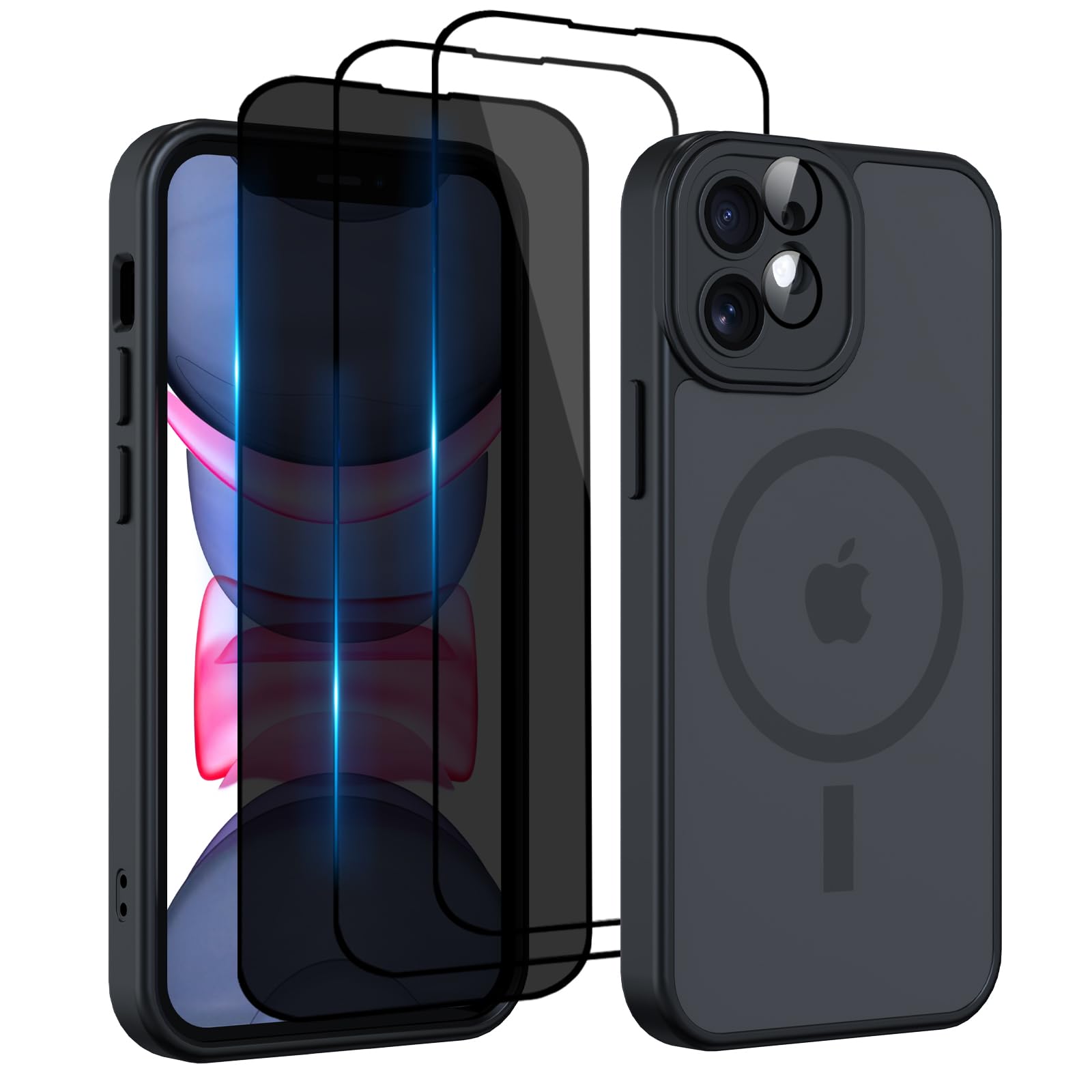 Nupcknn für iPhone 11 Hülle,3 Panzerglas[HD+HD+Anti-Spy] Magnetisch mit Magsafe Handyhülle für iPhone 11 Case Durchscheinende Matt Rückseite Dünn Stoßfest Schutzhülle Schwarz