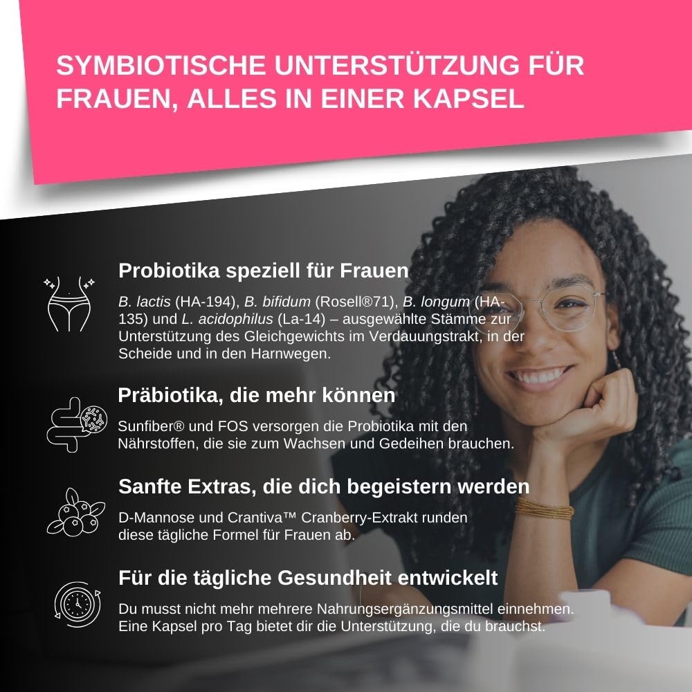 Beste Probiotika für Frauen, UTI-Formel mit Cranberry-Extrakt, D-Mannose und Präbiotika in einem! 6 Milliarden KBE Probiotikum, eine Kapsel pro Tag, Vorrat für 60 Tage