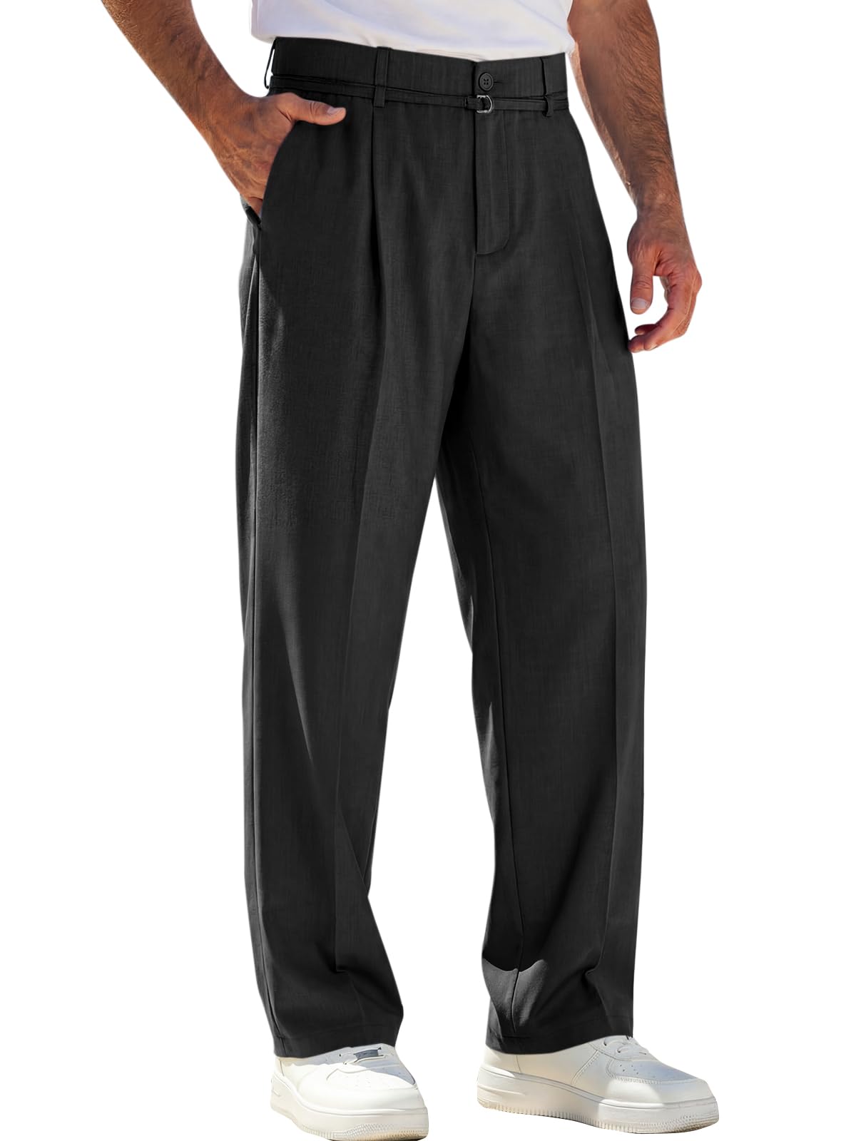 Runcati Mens Casual Dress Pants Elastic Waist Pleated Baggy Wide Leg Slacks Lightweight Old Money Trousers