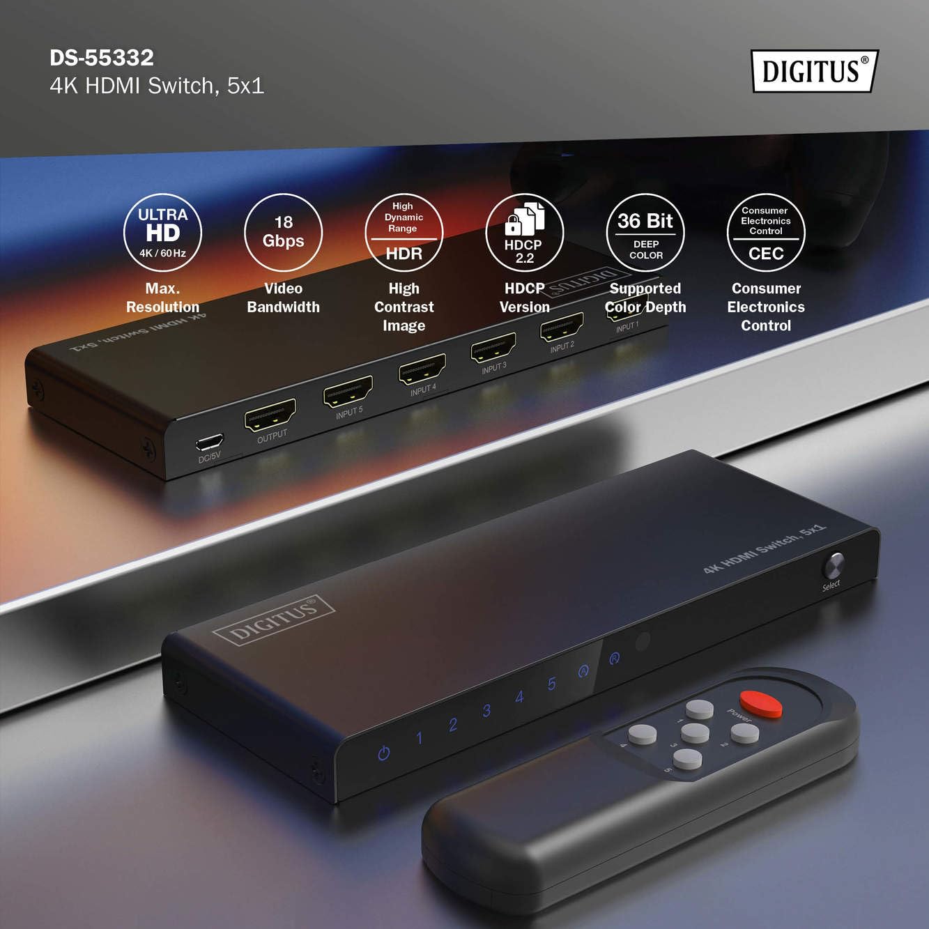 DIGITUS Conmutador HDMI 5x1 – 5 entradas, 1 Salida – UHD 4K/60 Hz – | HDMI 2.0, HDCP 2.2 – HDR, CEC, Deep Color, DTS, Dolby Digital, LPCM – Para televisores, monitores, consolas de videojuegos