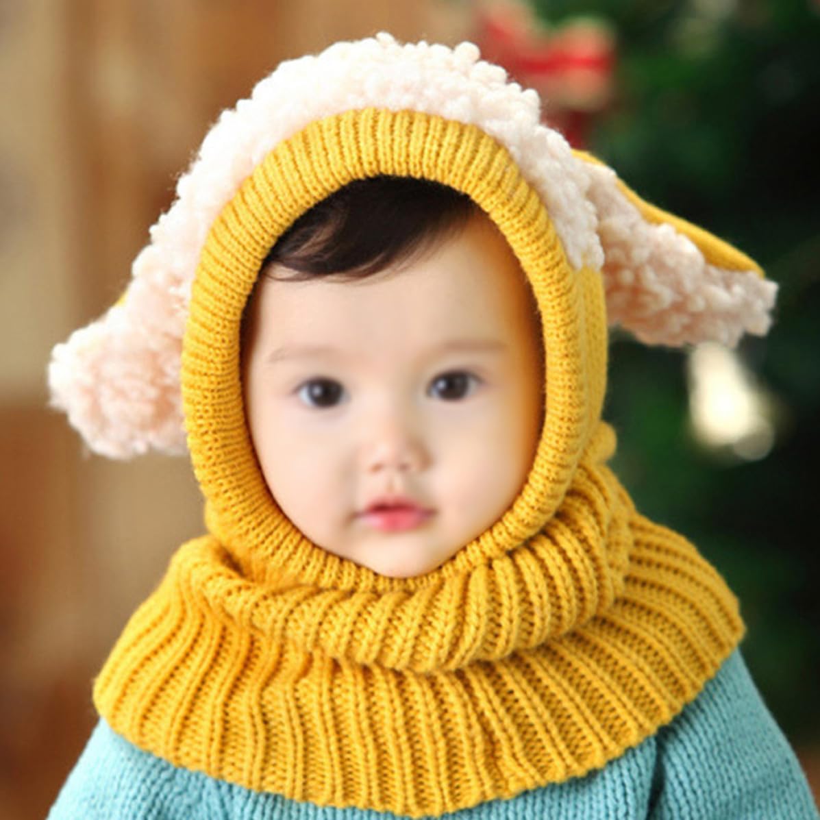 Cute Dog Pattern Knitted Woolen Hat and Scarf Set for Cold Weather Yellow