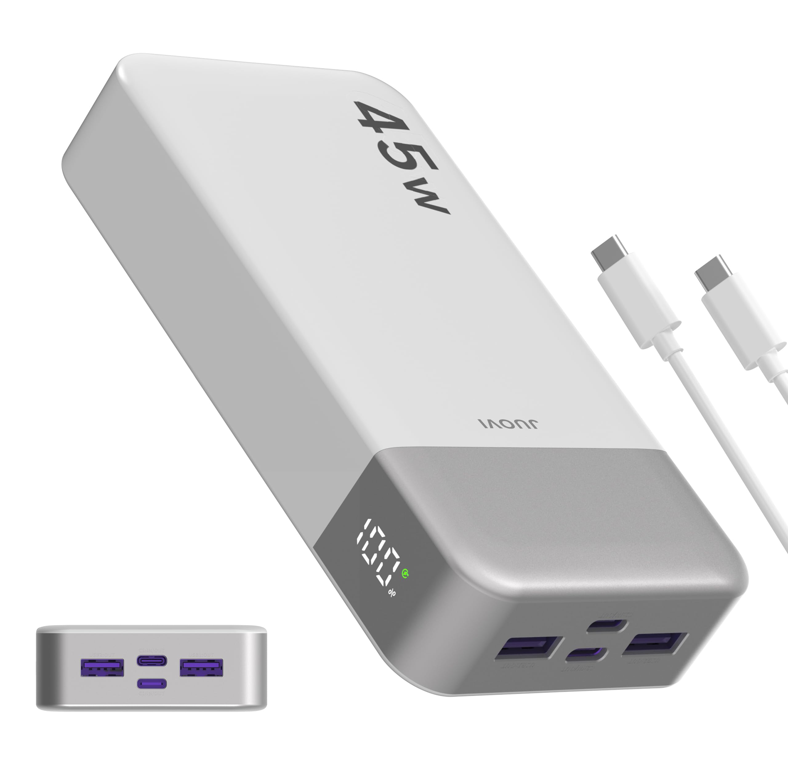 JUOVI Power Bank 20000mAh, 45W Caricatore Portatile Ricarica Rapida, Batteria Esterna 4 Porte, Caricabatterie Portatile per MacBook, Samsung, Dell, HP, Tablet, iPhone 16 15 14 13 e Altro (Bianco)