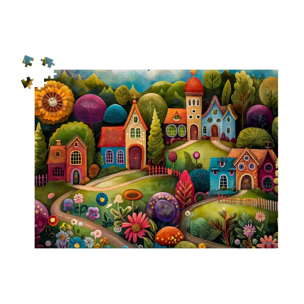 Vibrant Whimsical Village Jigsaw Puzzle: 1000 Pieces Wood Puzzle For Adults, Playful Houses, Flower Fields, Fairytale Landscape — image 1