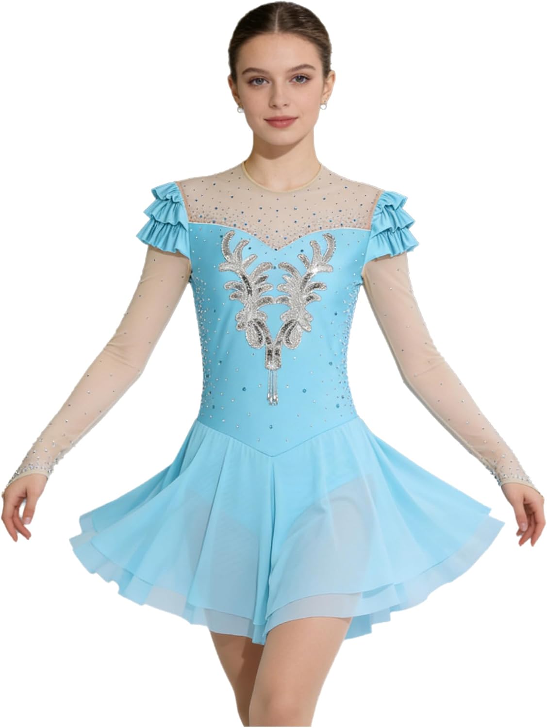 iiniim Women Figure Skating Dress Long Sleeve Shiny Rhinestones Leotard for Professional Competition Performance