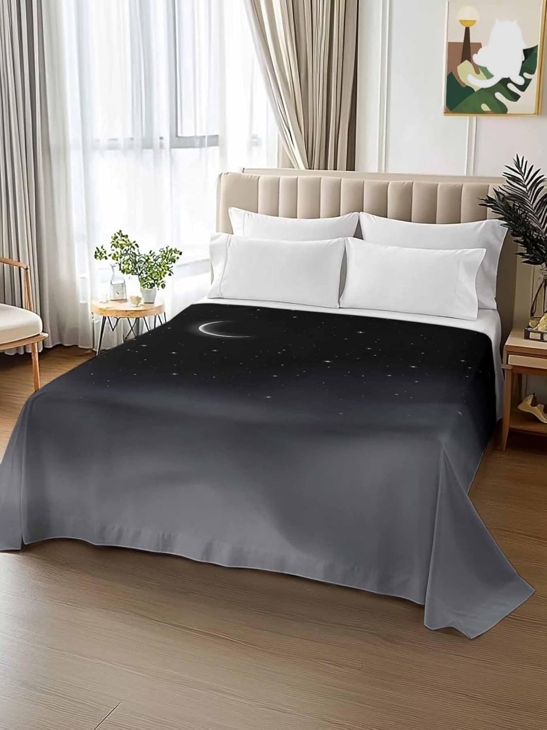 Night Stars Moon Twin XL Size Flat Sheet Only, Hotel Luxury Microfiber Bed Top Sheets, Modern Abstract Art Cloud Fog Soft Breathable Bedding Sheet for Bedroom, Easy Care - 66" x 102"