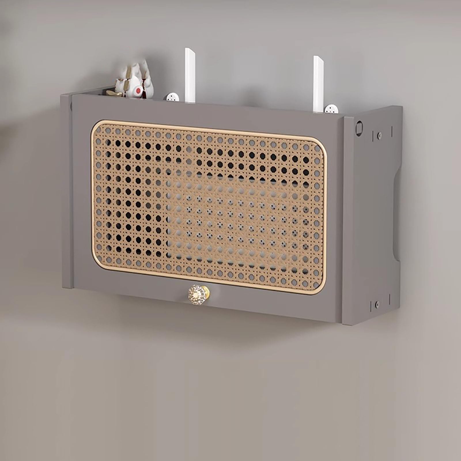 Générique Étagère Murale élégante en rotin pour routeur et boîtier Wi-FI – Meuble de Rangement Gris Moderne pour la Maison/Le Bureau, Organisateur de routeur idéal (15,75" x 4,33" x 9,06")