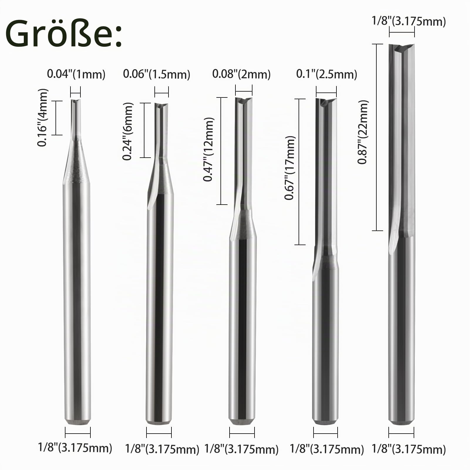1/8 Zoll Schaft 2 Rillen gerader Schlitz Fräser Bits Set Schneidkante Durchmesser (1 mm 1,5 mm 2,0 mm 2,5 mm 3,175 mm je 2 Stück) Fräser für MDF, PVC, Acryl, Spanplatten, Holz
