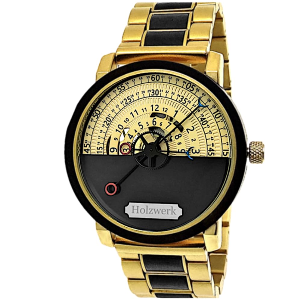 Holzwerk Automatik Herren-Uhr Öko Natur Holz-Uhr Holz Armband-Uhr Schwarz Gold Analog