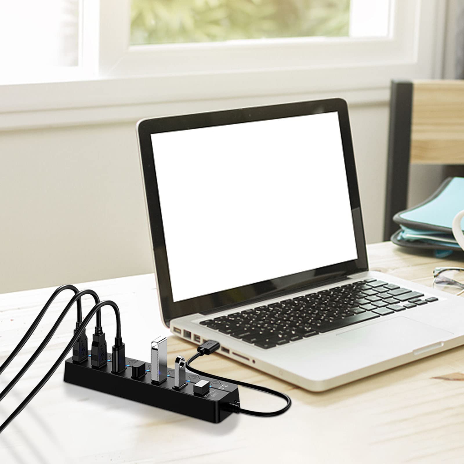7-Port USB Hub Splitte Extender Splitter Multiport Power Adapter lndependent Control ON Off Indicator Light USB 3 0