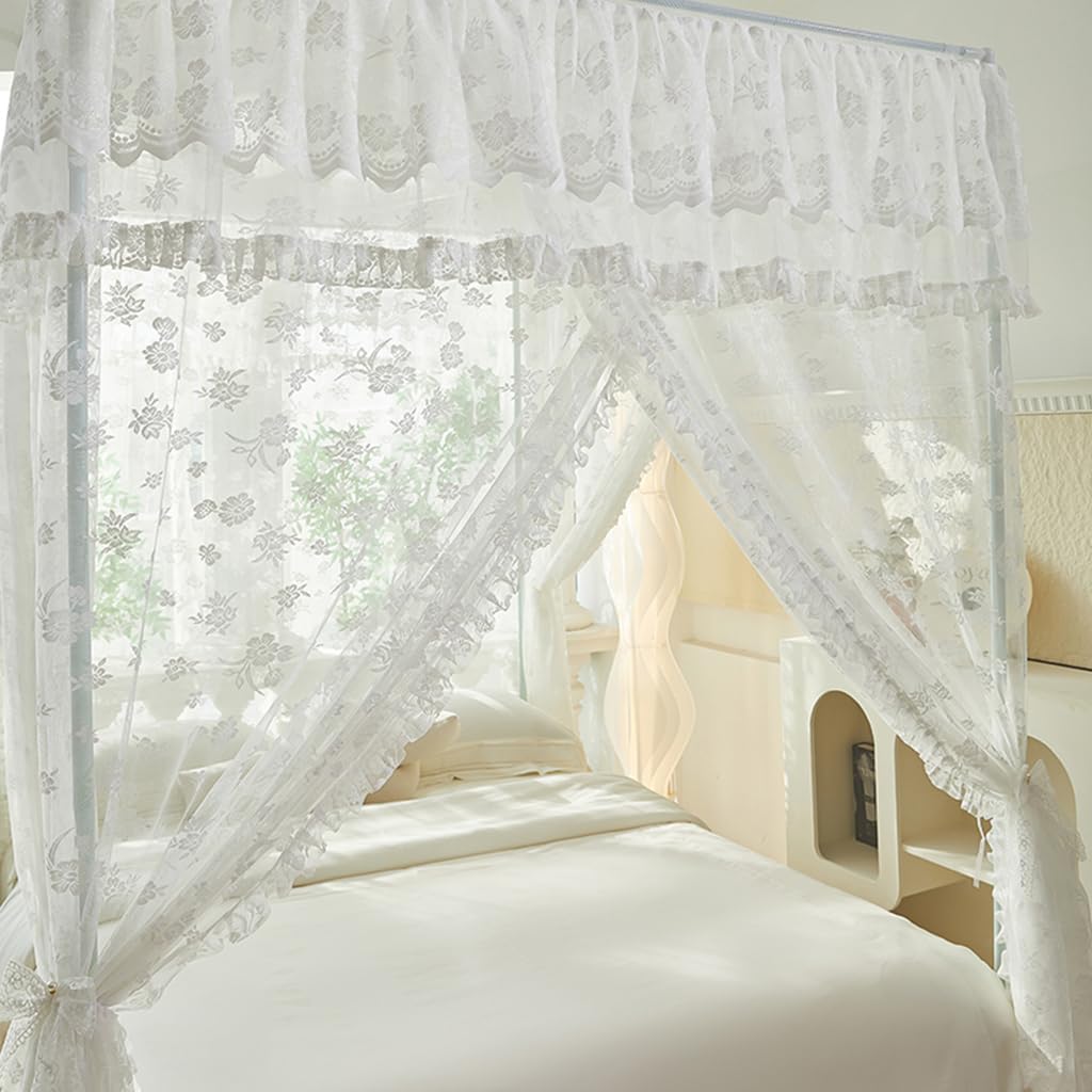 Elegant White Lace Princess 4-Poster Bed Canopy Romantic Pole-Design-Mosquito Net For Wedding Bridal Bedroom Decor, Kids Room Bed Curtain For Women Adults (White-2, 59"W x 78"L (Pack of 1))